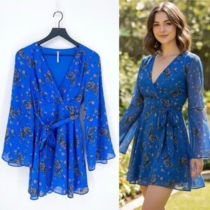Free People Lilou Printed Dress in Cobalt Combo Small